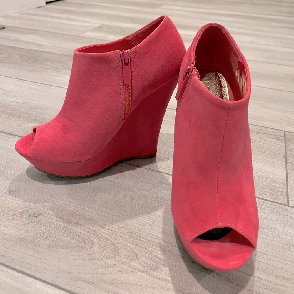 Pink peep toe wedge high heels